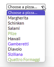 Dropdown menu with selection of pizzas