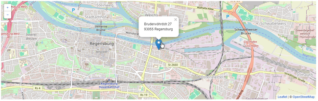Street map of Regensburg with marker for Bruderwöhrdstr. 27, 93055 Regensburg