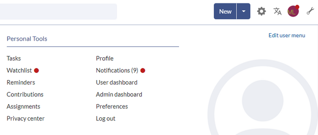 screenshot of the user menu