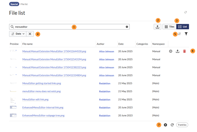 File list with active example filters and highlighting of individual interaction elements.