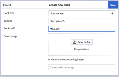 Create book dialog box with completed fields for a user manual