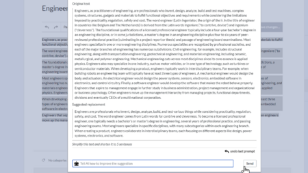 AI dialog shows text about Engineers and its suggestion of a 5 sentence simplified version of the text
