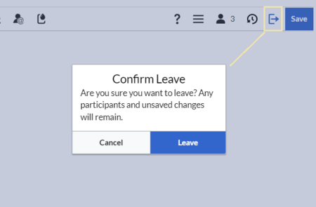 'Leave session' button and dialog field with 3 buttons.
