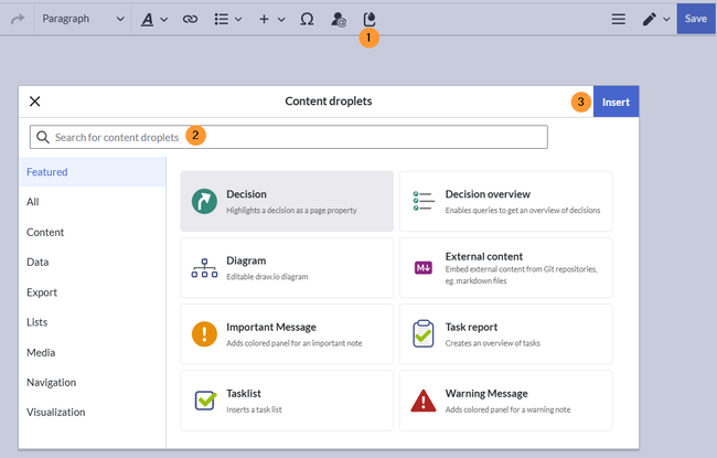 Content droplets inspector menu
