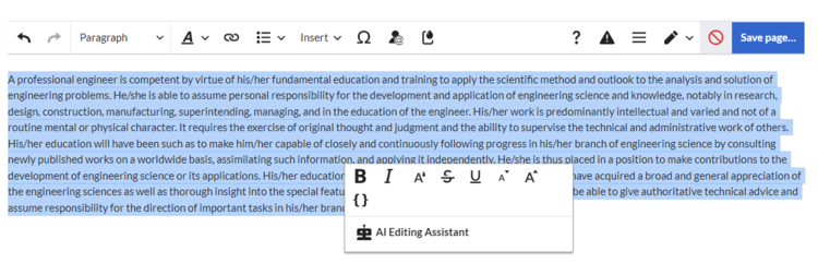 Highlighted text block about the definition of 'engineer' with open inspector menu.