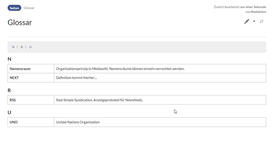 Applied styles for a table style view of the glossary