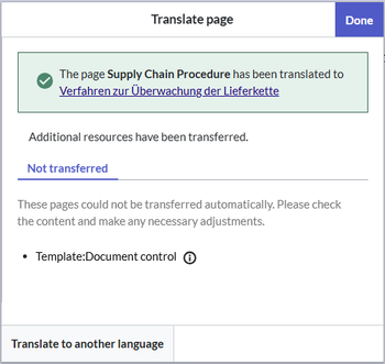Dialog window that shows that one template has not been copied to the target wiki
