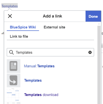 Dialog box with a link the page "Templates"