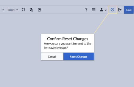Highlighted button in the editor toolbar and dialog box for resetting any unsaved changes.