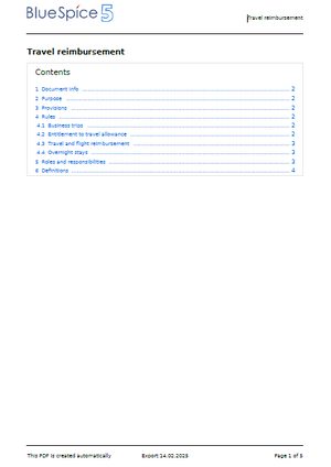PDF page with default header and footer content an a Table of Contents