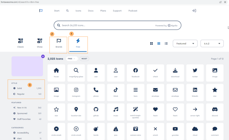 Screenshot of the FontAwesome icons selection, filterd for icons of type "Free"