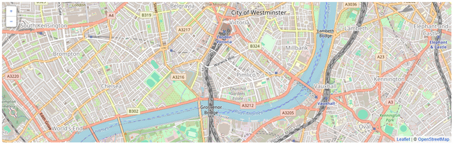 Center of map is "London". Output is a street view featuring the river Thames with the City of Westminster in the north.