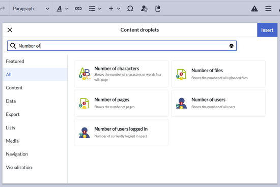 Content Droplets menu filtered for "Number of"