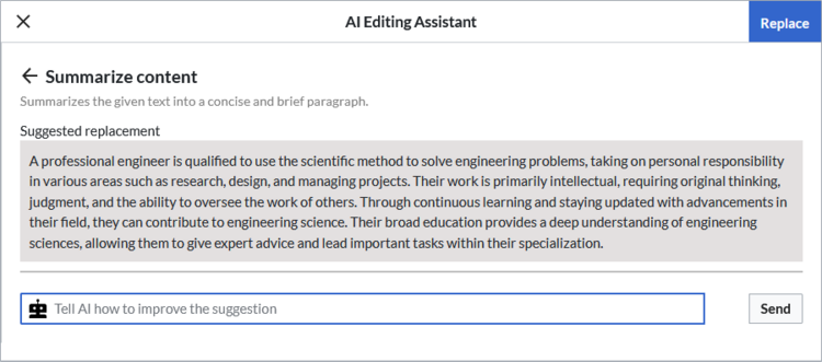 AI assistent with summarized content suggestion and additional field to ask for an improvement