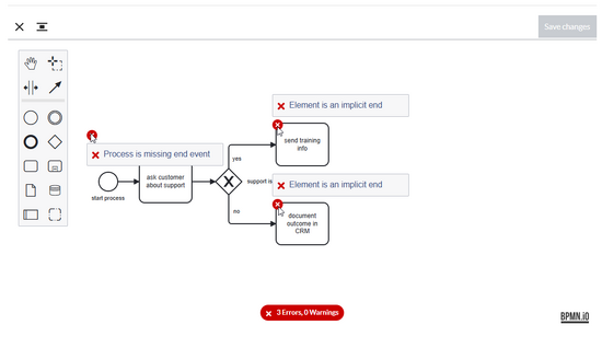 error messages caused by a missing end event