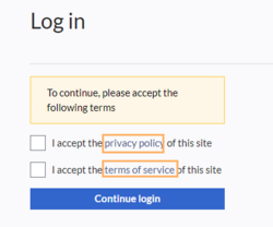 screenshot of login page with privacy acceptance checkboxes
