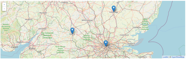 Map view with blue markers for the locations London, Cambridge and Oxford.